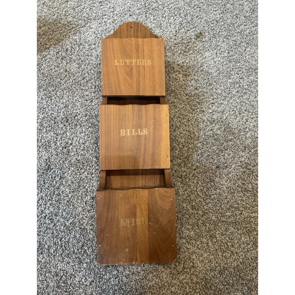 Vintage MCM Wooden 3 Tier Wall Hanging Mail Organizer Letters Bills Misc-22